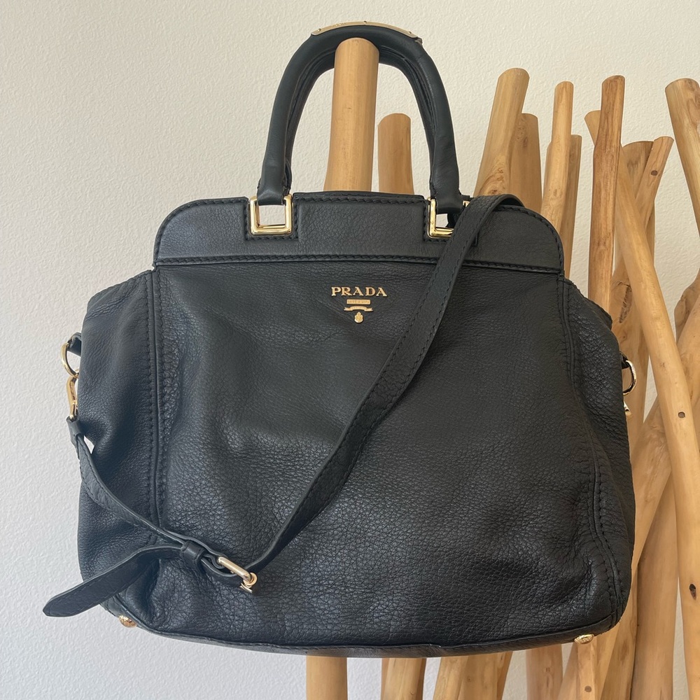 PRADA Leather 2Way Shoulder Tote Bag Black